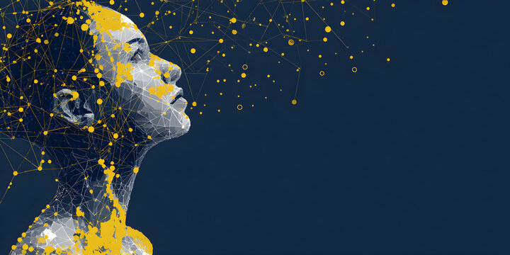 Striking digital artwork of a woman's profile with a connected network, evoking themes of connectivity, technology, and the future of artificial intelligence
