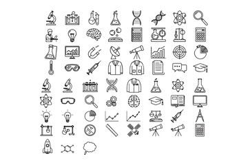 Silhouette pack of 60 inimalist Science research outine icons editable outline wwith pure white background