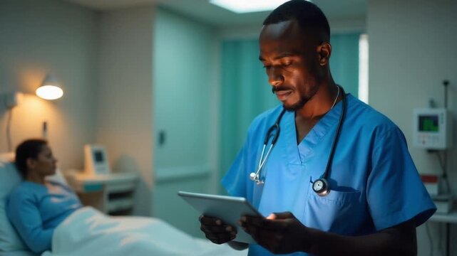 Focused doctor using tablet in hospital room while patient rests in the background