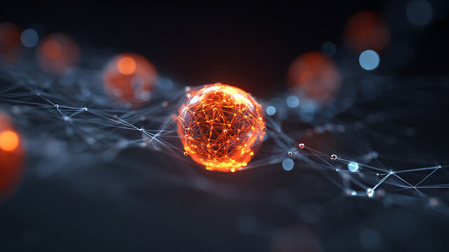 Sophisticated digital network: A vibrant, glowing core connects myriad abstract data points within a complex web structure