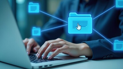 A person in a suit types on a laptop, with glowing digital file icons and connection lines, representing data management and tech integration.