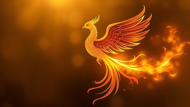 middleground. Phoenix bird with flowing tail feathers in golden light atmosphere, elegant mythological art. wildlife magazines, conservation campaigns, designed for eco-tourism storytelling.