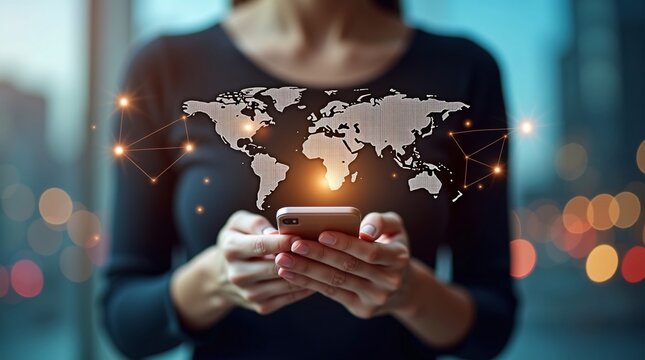 A woman holds a smartphone, with a glowing world map and connected nodes above, symbolizing global connectivity via mobile tech.