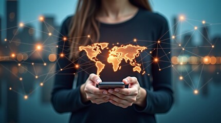 A woman holds a smartphone, with a glowing world map and connected nodes, symbolizing global connectivity via mobile tech.