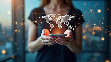 A woman holds a smartphone, with a glowing world map and connected nodes, symbolizing global connectivity via mobile tech.