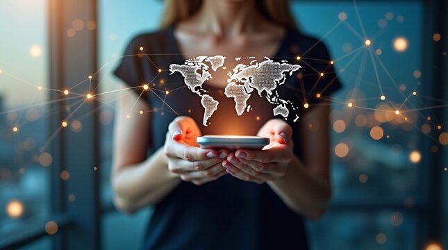 A woman holds a smartphone, with a glowing world map and connected nodes, symbolizing global connectivity via mobile tech.