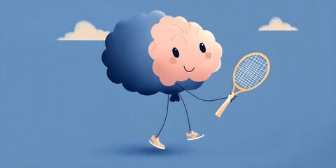 Boost Your Brainpower with Fun Exercise and Sport, Happy Brain Cartoon Character Playing Tennis, Mental Health and Wellbeing Concept, Blue Background