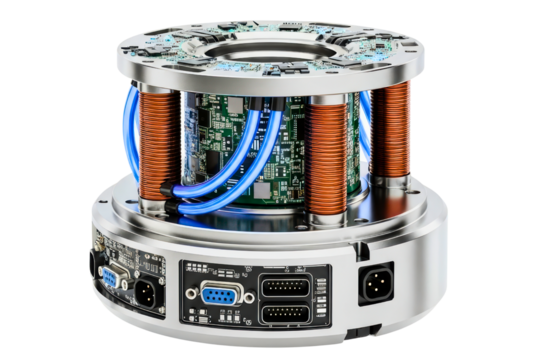 Robotic motor component with circuit board and electromagnets on a transparent background