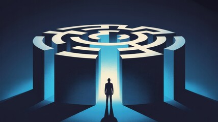 Intriguing journey through the maze of life, a bold silhouette seeking clarity and direction in business, success, and personal growth challenges
