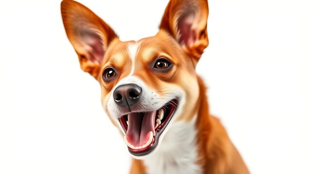 basenji. Adorable basenji dog with brown and white fur, joyfully posing against a white backdrop. wildlife magazines, conservation campaigns, designed for eco-tourism storytelling.