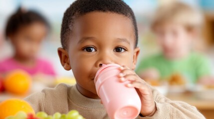 Seated at a vibrant table, a young boy savors his drink from a pink cup. Around him, cheerful friends engage in lively conversation, sharing fruits and smiles at a playful gathering