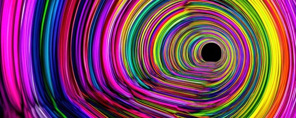 A vibrant, colorful swirl creates a mesmerizing tunnel effect, drawing the eye toward the center's darkness.