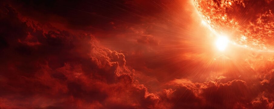 A dramatic depiction of a fiery sun illuminating a turbulent red sky, surrounded by dark clouds, creating a powerful celestial atmosphere.