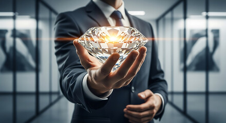 A businessman in a suit holding a large, sparkling diamond in his palm, representing wealth, luxury, and investment
