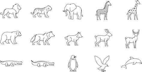 Obraz premium Collection of Outline Wild Animals Keywords: lion, tiger, elephant, zebra, giraffe, bear, wolf