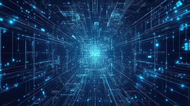 Digital data network moving through cyberspace tunnel