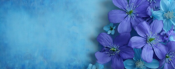 A vibrant arrangement of blue and purple flowers against a soft blue background, creating a calming and aesthetically pleasing visual.