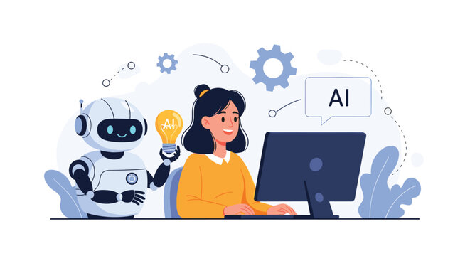 A woman and a robot collaborate on computer, with the robot presenting an AI-powered idea as gears and tech elements surround them.
