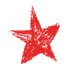 Red distressed five pointed star with rough texture. Hand drawn crayon style with bold look. Perfect for stickers, posters, holiday cards, and festive decoration Vector illustration