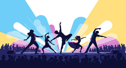 An energetic flat design illustration capturing dynamic silhouettes of dancers performing on an outdoor stage, surrounded by vibrant lights. This 2D vector graphic embodies the spirit of dance
