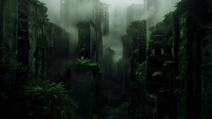 Destroyed ruins abandoned buildings apocalypse scene of city. futuristic cityscape with dense vegetation and foggy atmosphere.
