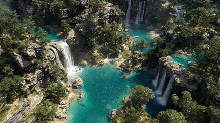 Breathtaking aerial view of cascading waterfalls and turquoise pools amidst lush greenery.