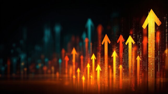 An abstract design featuring upward arrows in vibrant colors, symbolizing growth, progress, and data visualization in a dynamic digital environment.