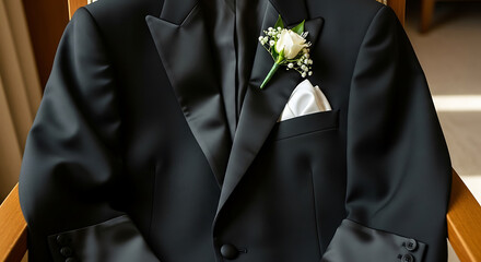 A classic black tuxedo jacket with a white rose boutonniere and pocket square, neatly arranged on a wooden chair, ready for a formal event