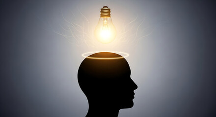 Silhouette of a human head with a glowing light bulb above it, symbolizing a new idea or innovation, against a gradient background