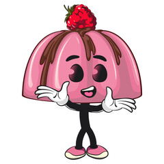 cute pink jelly dessert mascot cartoon vector food illustration, adorable raspberry pudding character with Chocolate Topping give up, work of hand drawn