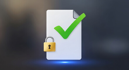 A white document with a large green checkmark and a golden padlock, signifying approval, security, and successful completion of a task