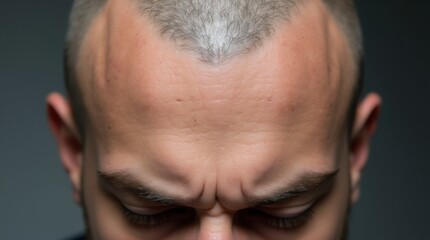 Obraz premium Close-up of a bald head with tiny dot scars on the scalp from a hair transplant. Concept Close-up scalp with hair transplant scars, Bald head portrait, Hair restoration microdots