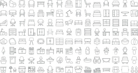 Assortment of architectural furniture symbols and icons for floor plans, isolated on