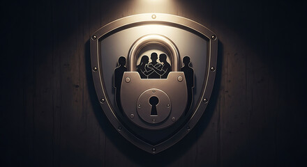 Stylized shield emblem with a padlock and silhouettes of people inside, representing security, protection, and data privacy in a digital age