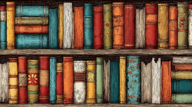 A colorful collection of antique books arranged neatly on shelves, showcasing various patterns and textures on their spines.