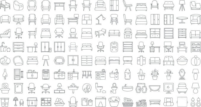 Assortment of architectural furniture symbols and icons for floor plans, isolated on