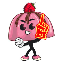 cute pink jelly dessert mascot cartoon vector food illustration, adorable raspberry pudding character with Chocolate Topping raise foam finger, work of hand drawn