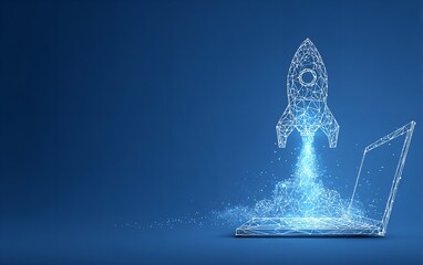 Digital rocket launching from a laptop screen symbolizing startup success innovation and technological advancement on a blue background