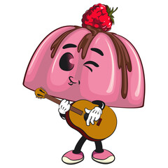 cute pink jelly dessert mascot cartoon vector food illustration, adorable raspberry pudding character with Chocolate Topping playing guitar, work of hand drawn