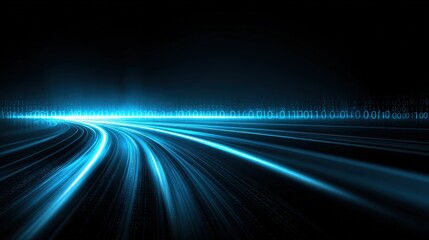 A futuristic digital landscape with flowing blue light trails and binary code against a dark background, evoking a sense of technology and speed.