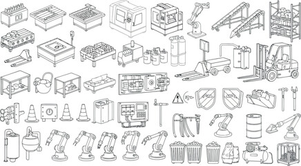 Set of industrial machinery and equipment sketches isolated on