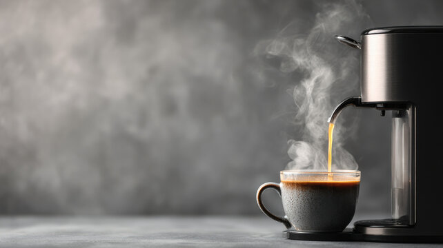 Coffee machine brewing fresh coffee into a cup with steam rising