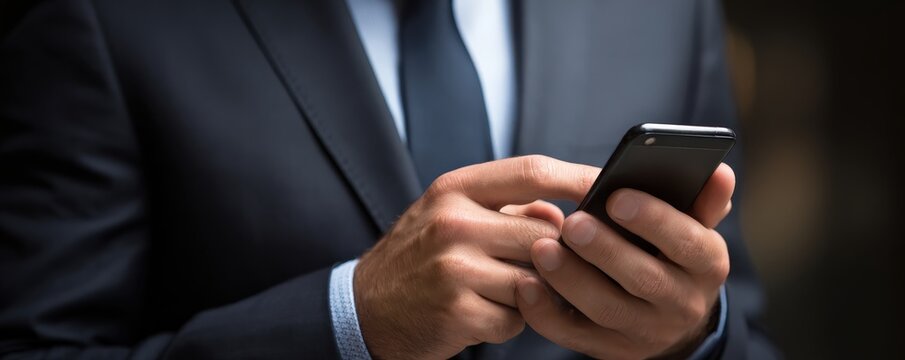 A business professional in a suit is using a smartphone, focusing on communication and technology in a modern setting.