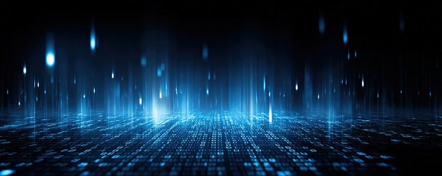 A digital landscape with illuminated vertical lines and a grid structure, evoking a sense of depth and technological advancement. - Powered by Adobe