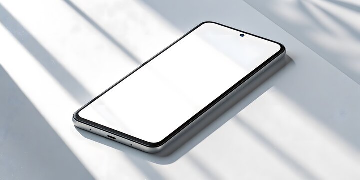 Smartphone mockup with blank white screen isolated on light shadows background