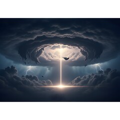 A dramatic digital artwork depicting a lightning strike and a mysterious vertical beam of light emerging from a dark, stormy sky with swirling clouds and lightning bolts