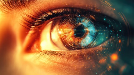 Human eye connecting with digital technology and data vision