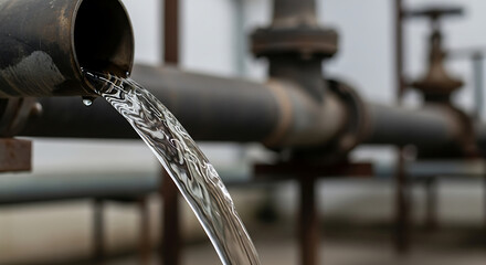Clear water flowing from a rusty metal pipe, illustrating water supply, industrial processes, or resource management