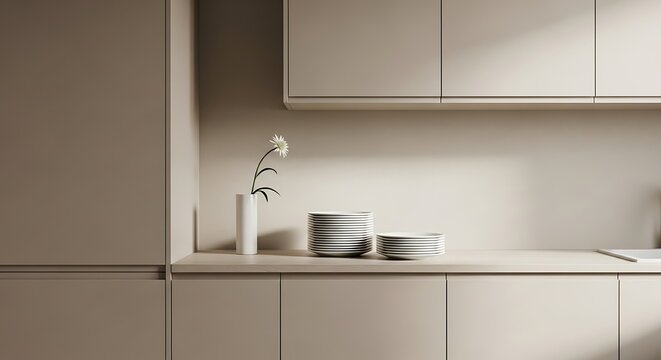 Minimalist kitchen countertop with decorative elements and cabinetry