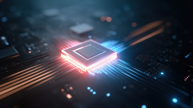 Technological marvel: a close-up of a glowing CPU on a circuit board. This image captures the intricate details and the heart of modern technology